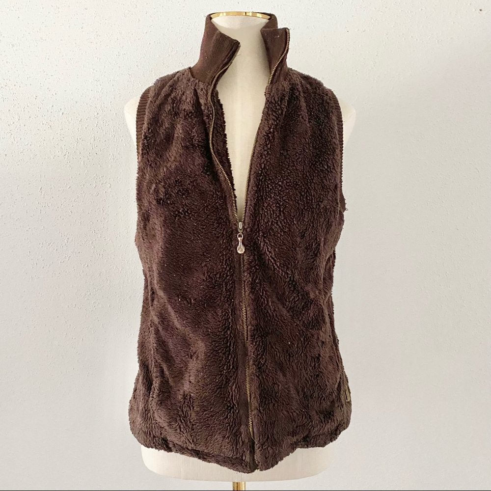 PRANA Women's Size Medium Brown Soft Fur Sleeveless Zip Up Vest Jacket Teddy